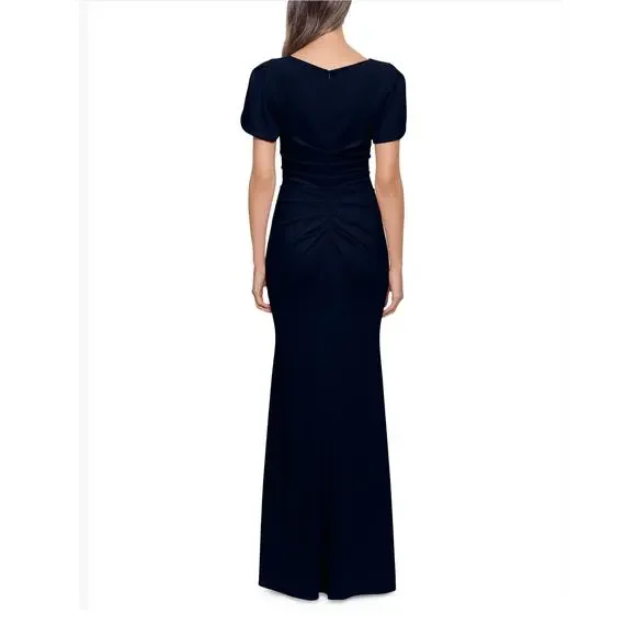 Xscape Evenings “London” Long Scuba Crepe Short Sleeve Dress Navy Size 14P NWT